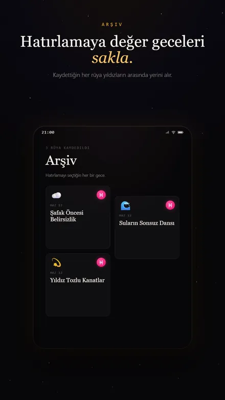 Noctave rüya günlüğü uygulaması arşiv ekranı
